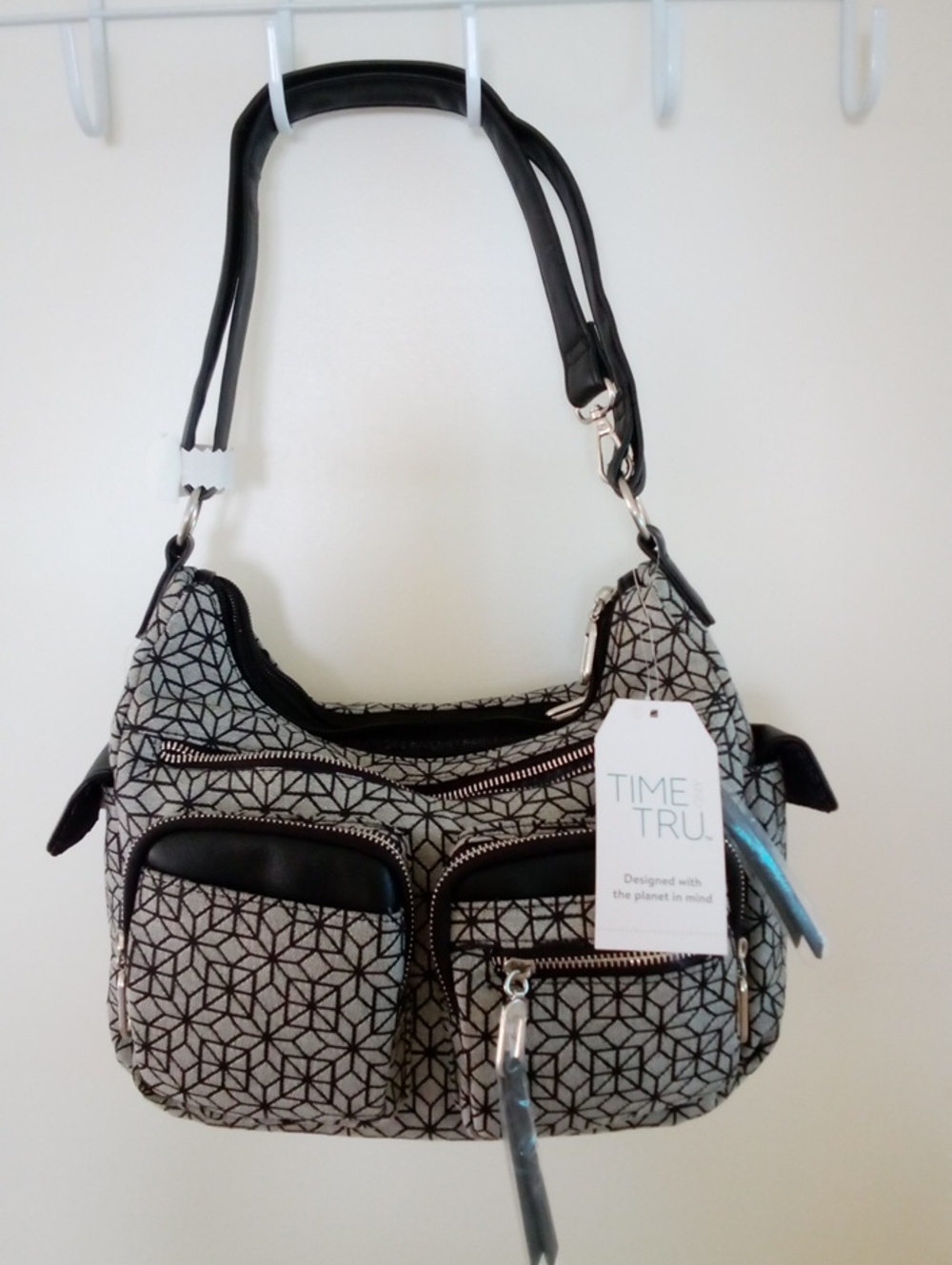 Time and Tru Black & Gray Patterned Shoulder Bag